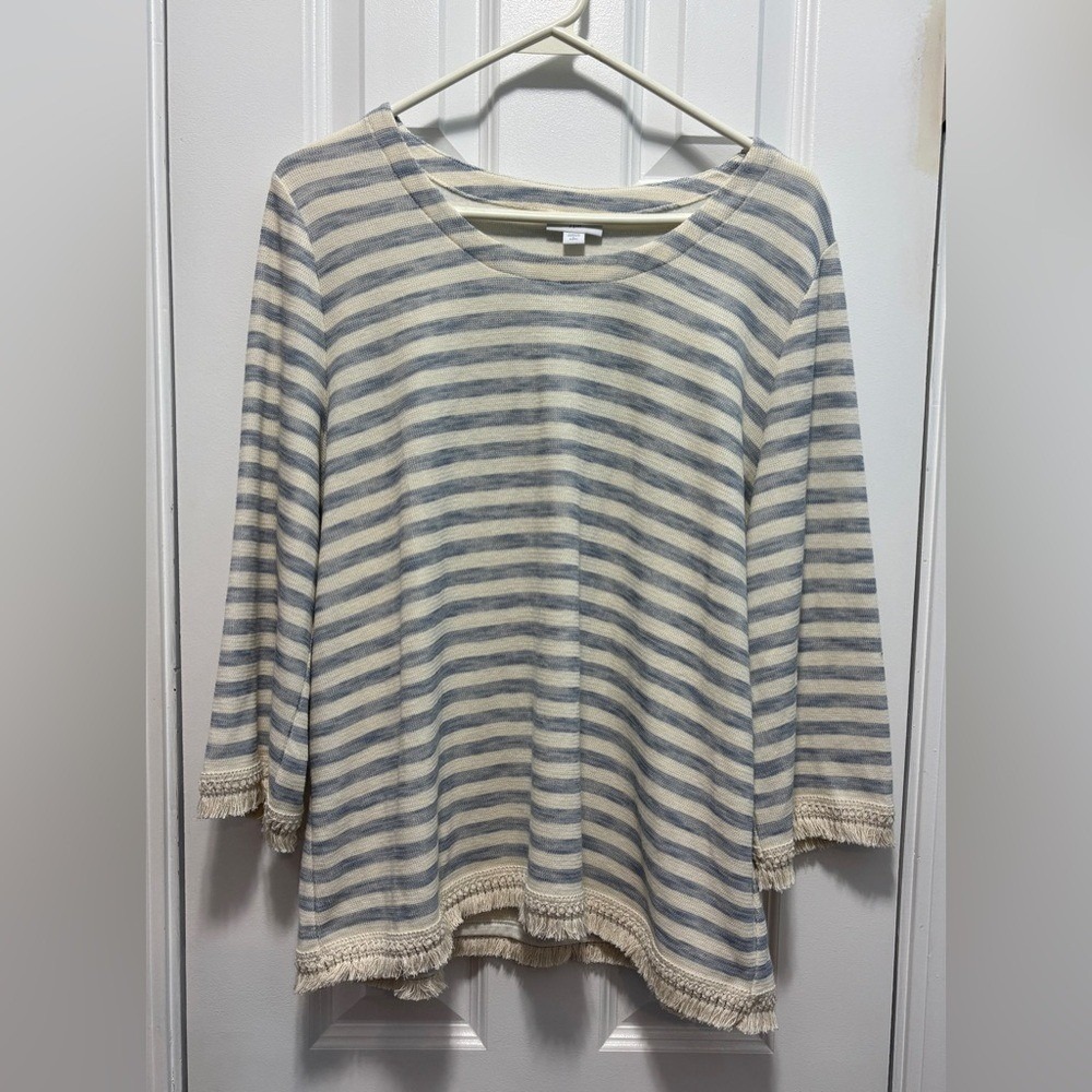 J. Jill Striped Cream & Blue Sweater ‎ Coastal Grandmother Sz Petite Large